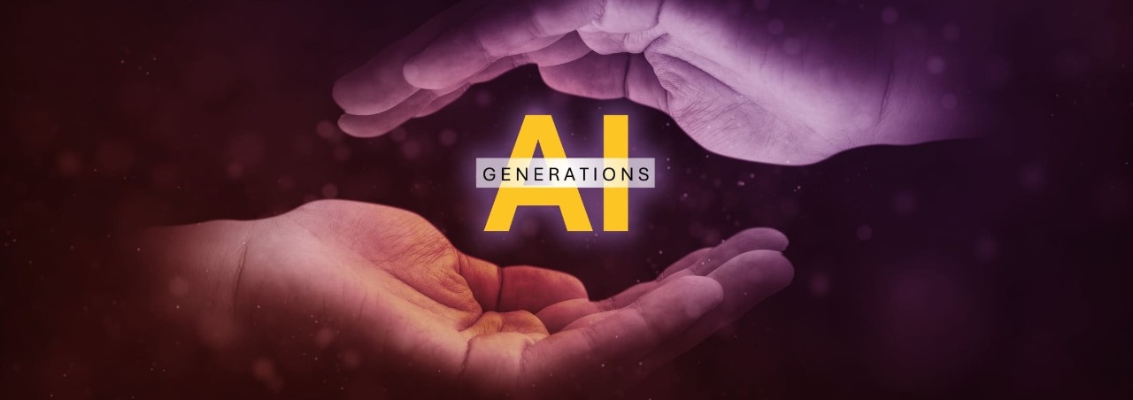 A photo illustration showing two open hands, palms facing each other, with a logo reading AI Generations in between them.