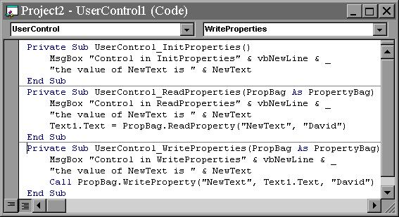 InitProperties, ReadProperties, and WriteProperties Code Window Example