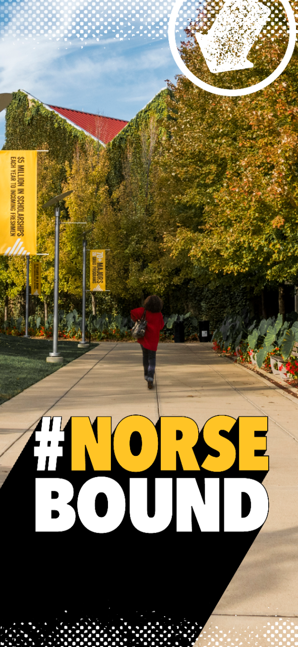 #NorseBound student walking on campus with trees in fall colors and university flags on the left.