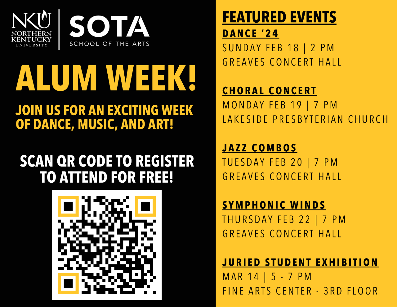 Yellow and Black Alum Week Flyer with QR code for registration and list of events on right side