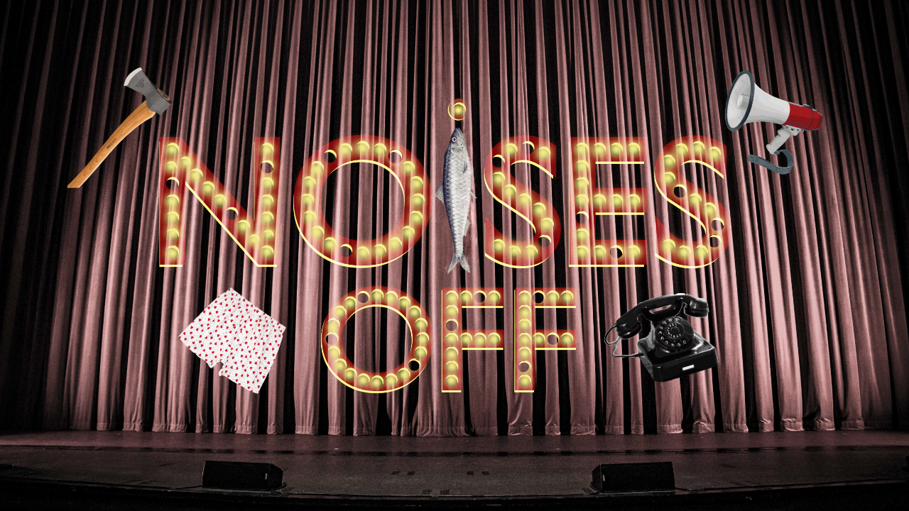 Noises Off letters on red curtain