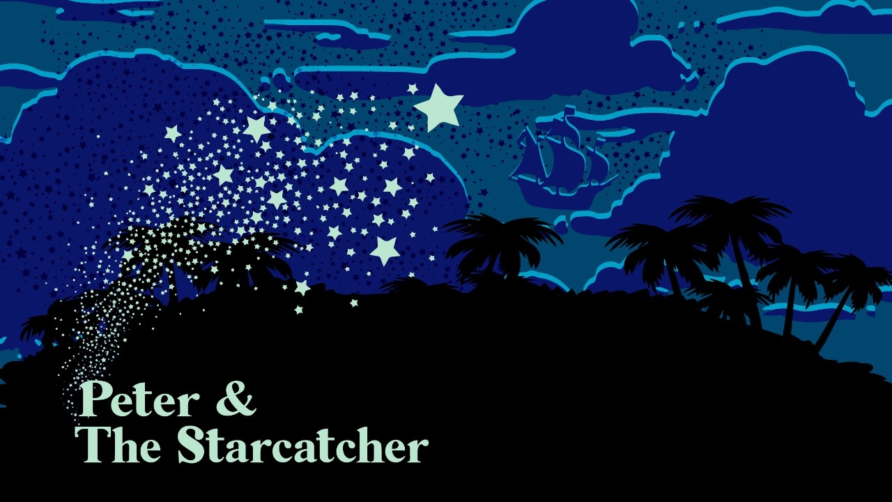 silhouette island with stars and pirate ship cloud