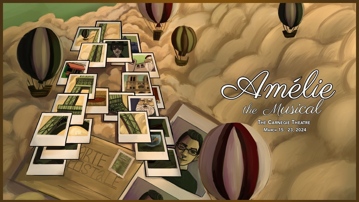 Amelie the Musical poster with scattered polaroids and hot air balloons in clouds
