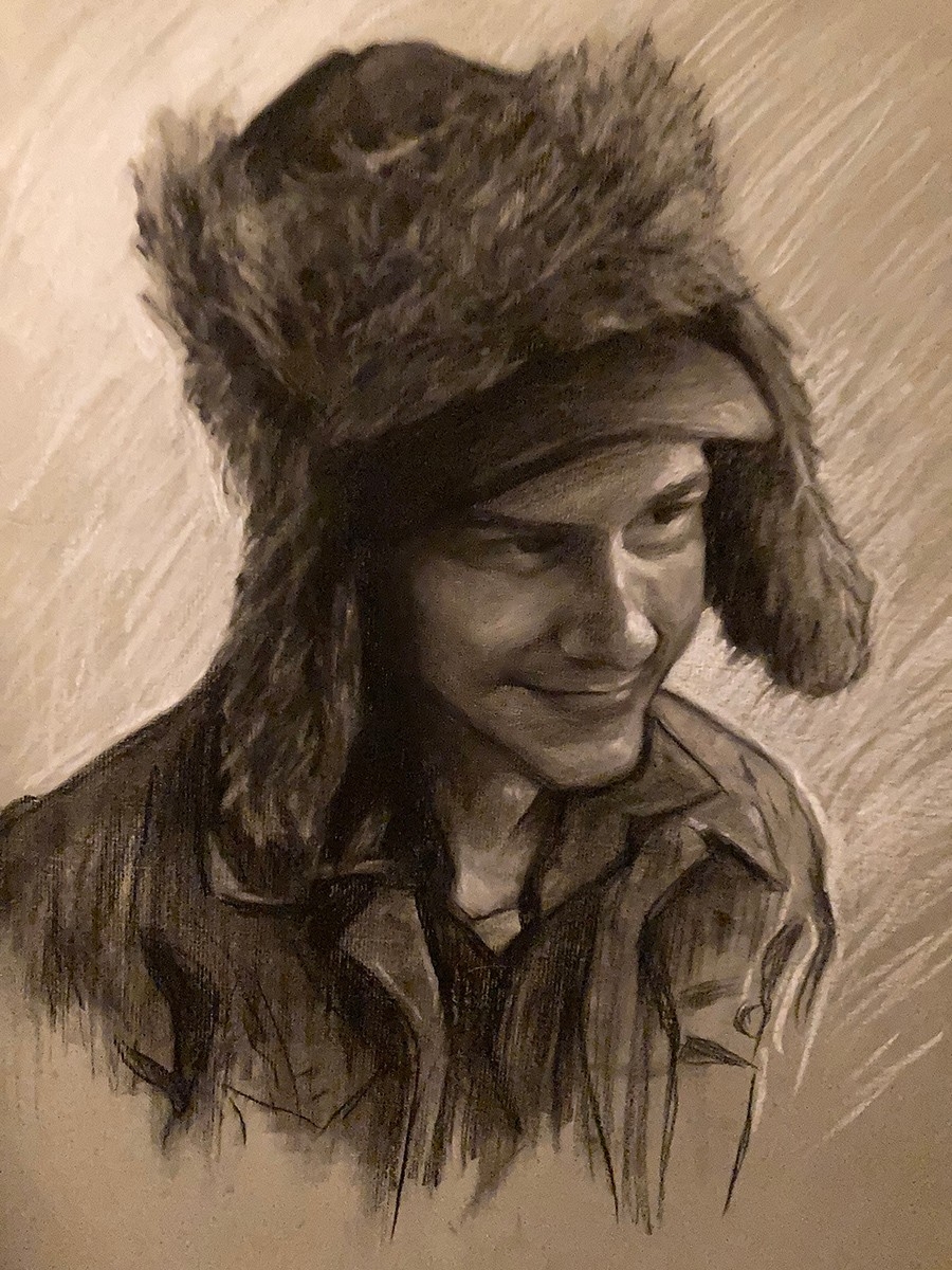 Graphite, charcoal and chalk on toned paper - portrait of Corey with hat