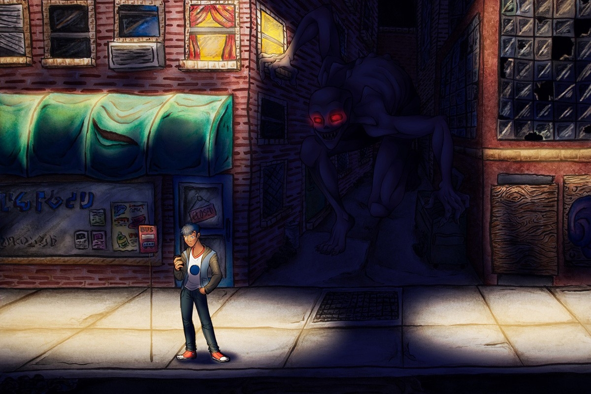 Image of person next to dark alley with red eyes