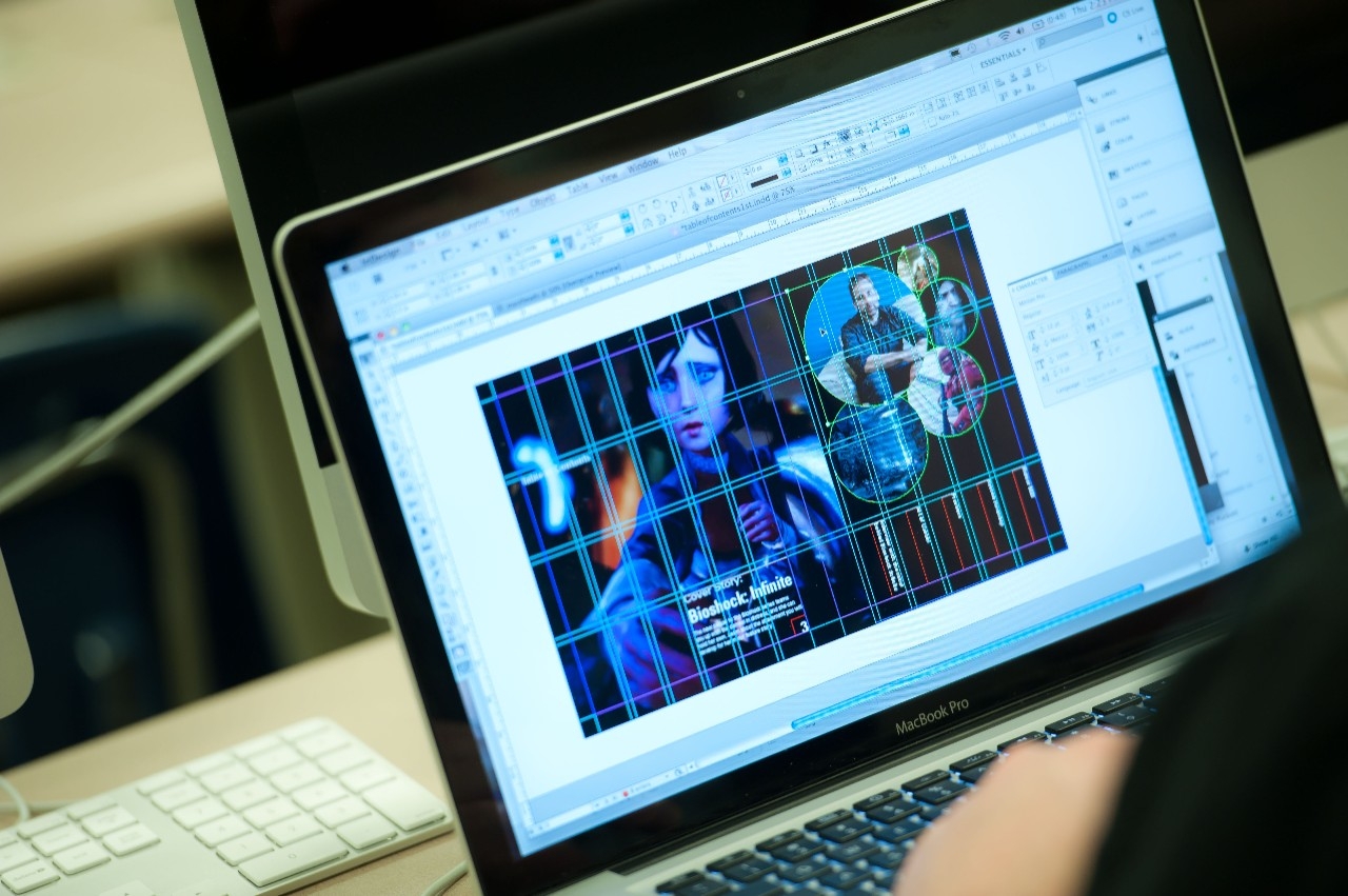 computer screen with gridded table of contents and imagery 
