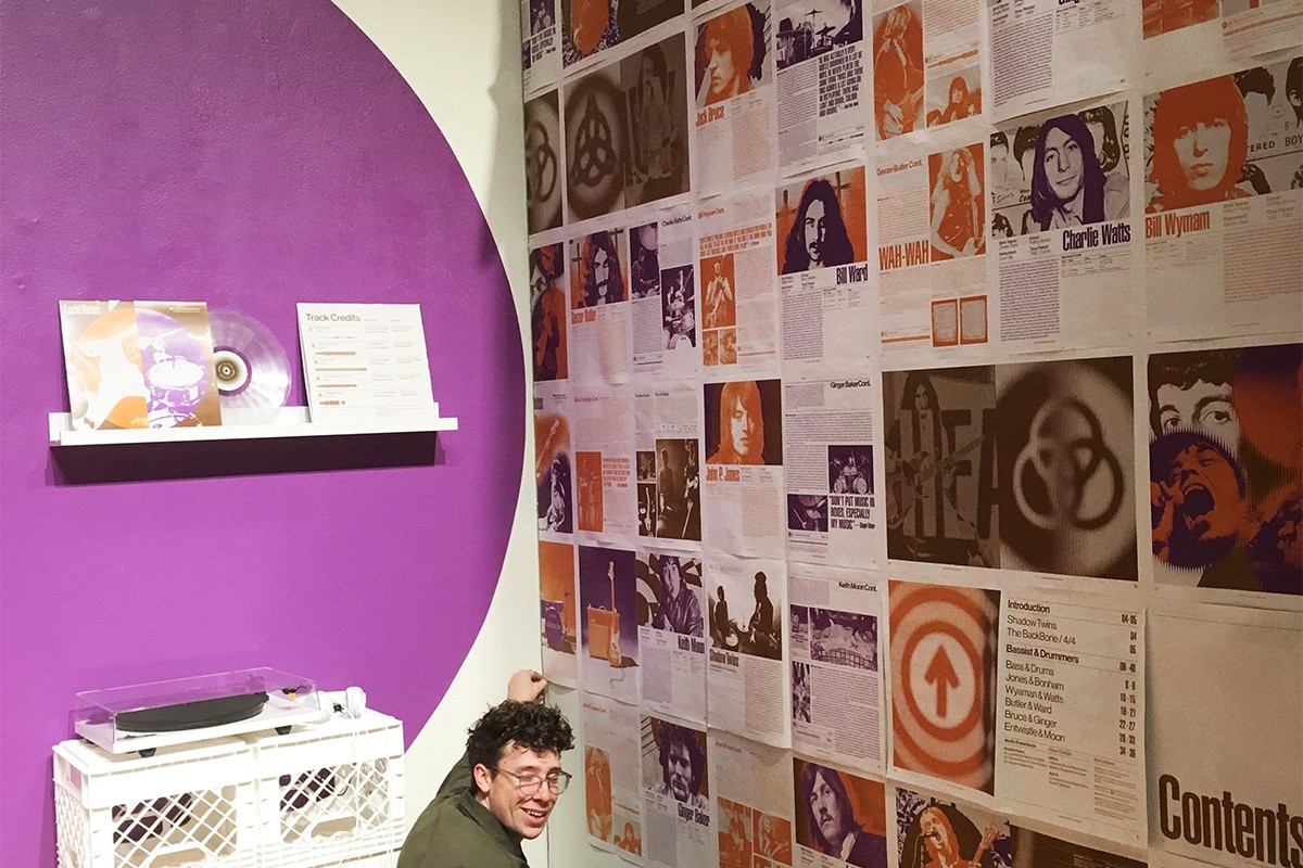 purple and orange design work on the wall, BFA install by Tyler Issacs