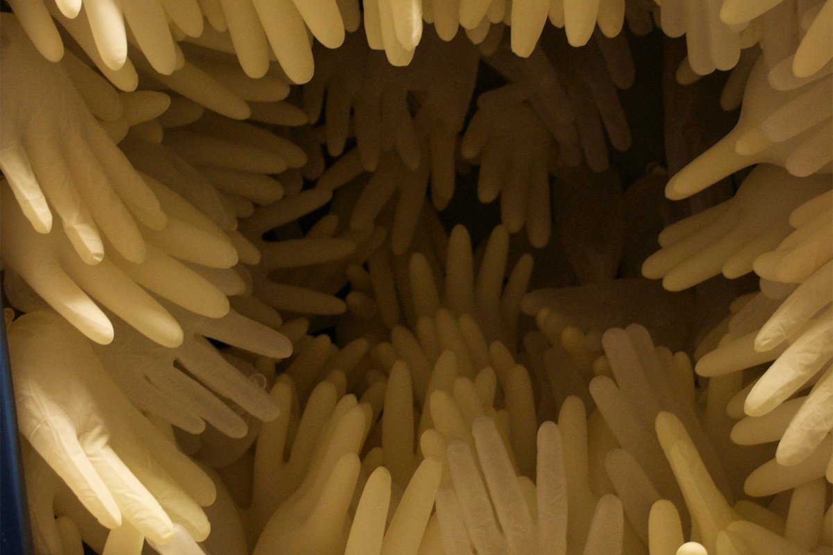 Rubber gloves installed inside of a locker 
