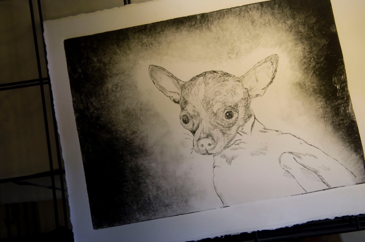 black and white print of a dog