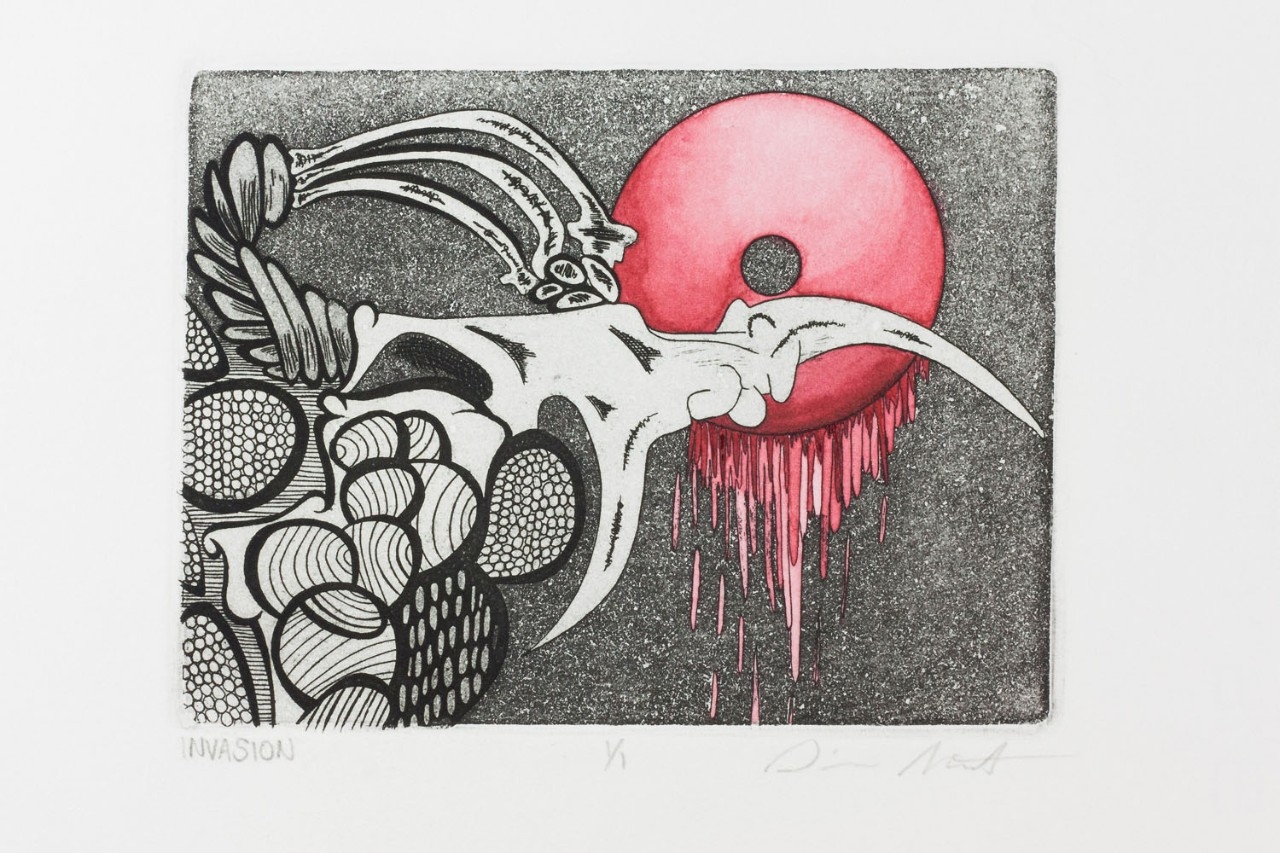 print of abstract bonelike shapes with red dripping circle behind it