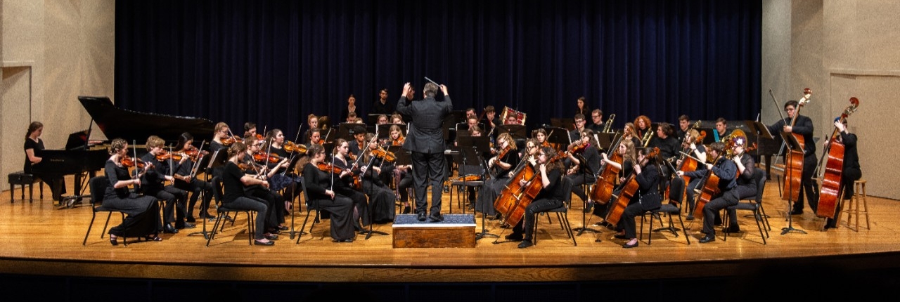 Conductor on stage with string musicians