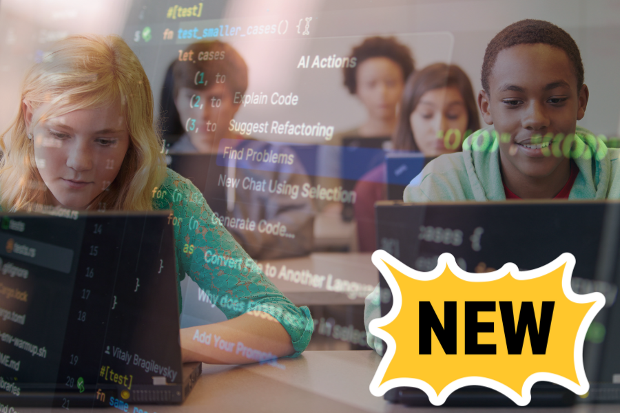 High school students engaged at their computer, with a decorative overlay of an AI tools interface. The image includes a callout that says, "NEW," to indicating that it's a new program.