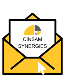 A graphical image of an open envelope and a piece of paper sticking out that says "CINSAM Synergies". Over the envelope is a computer cursor indicating that it's an online newsletter.