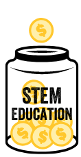 A graphical image of a donation jar of coins that reads "STEM Education" indicating collection of funds to support STEM Education.