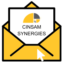 A graphical image of an open envelope and a piece of paper sticking out that says "CINSAM Synergies". Over the envelope is a computer cursor indicating that it's an online newsletter.