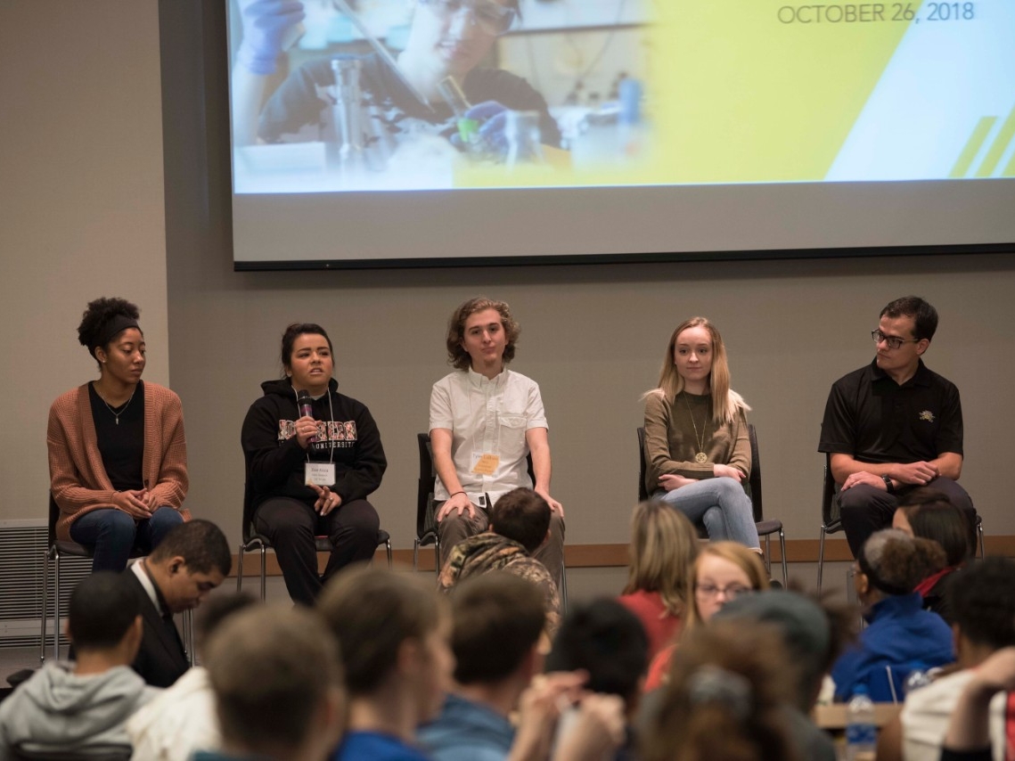 A panel of NKU students takes questions from the High School STEM+H Day attendees.