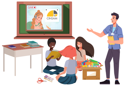 A graphical representation of an elementary-middle school teacher and three students in a classroom doing a guided STEM lesson while CINSAM demonstrates via live-stream on the classroom projector screen.