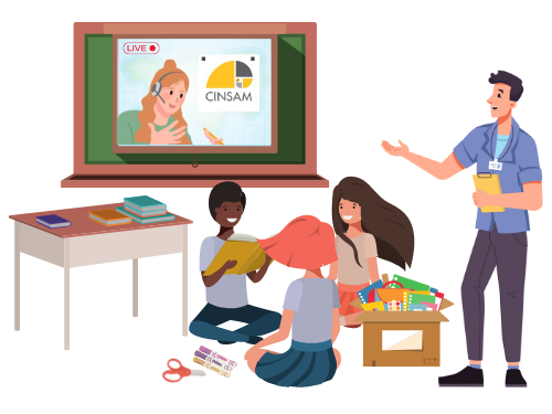 A graphical representation of a K-12 teacher and student in a classroom doing a guided science lesson while CINSAM demonstrates via live-stream on the classroom projector