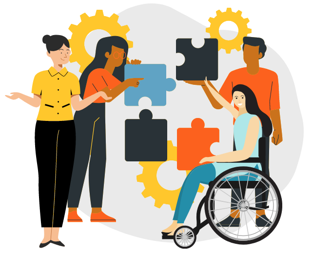 A graphical representation of a CINSAM master teacher guiding three K-12 teachers, as they put large puzzle pieces together with cogs in the background, symbolizing team collaboration to learn and build effective and cohesive teaching methods