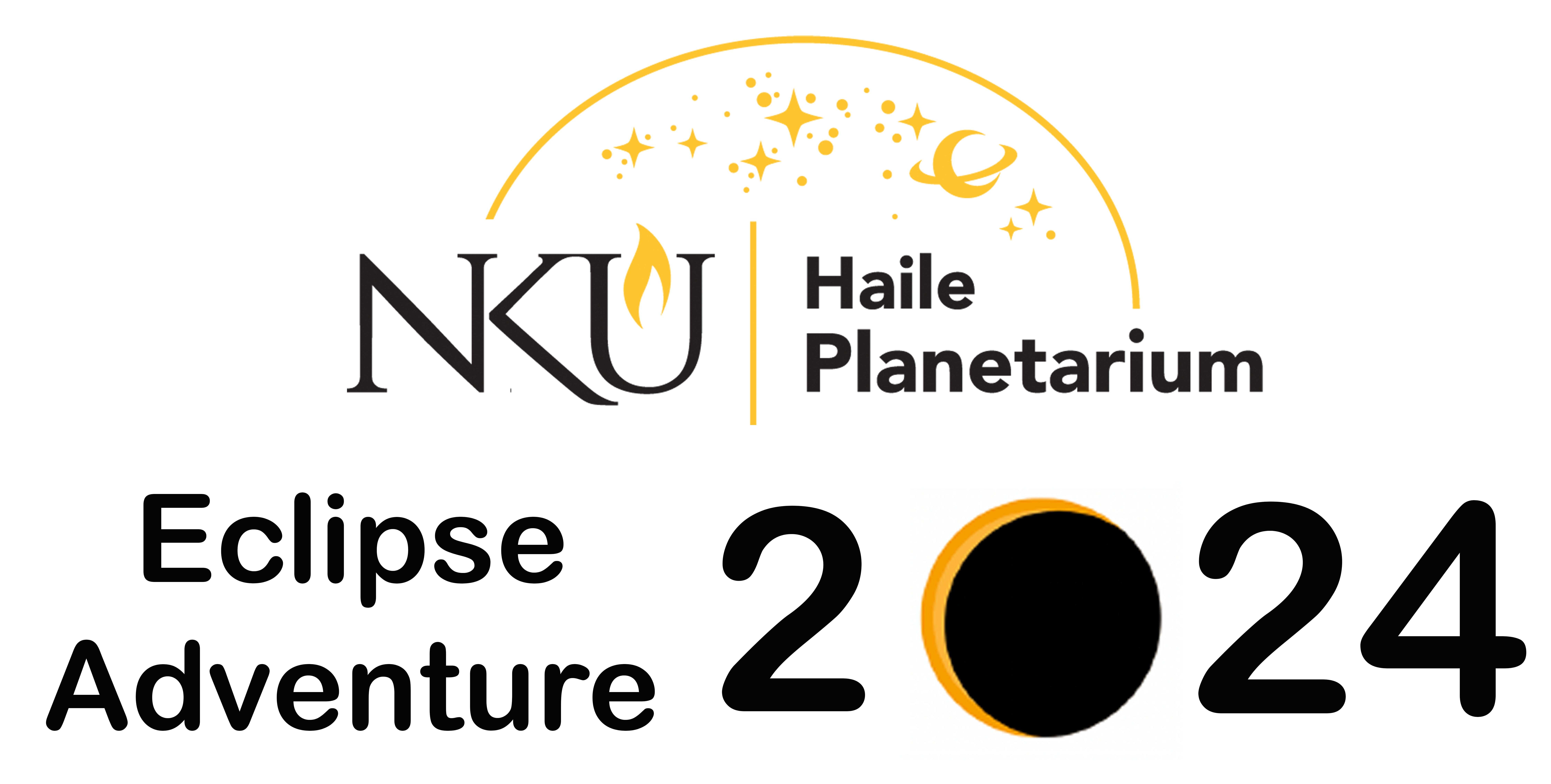 Haile Planetarium logo with the words Eclipse Adventure 2024 underneath. The 0 in 2024 is an image of a partial solar eclipse, a black circle with a gold circle of the same size mostly behind it, but with a sliver peeking out.