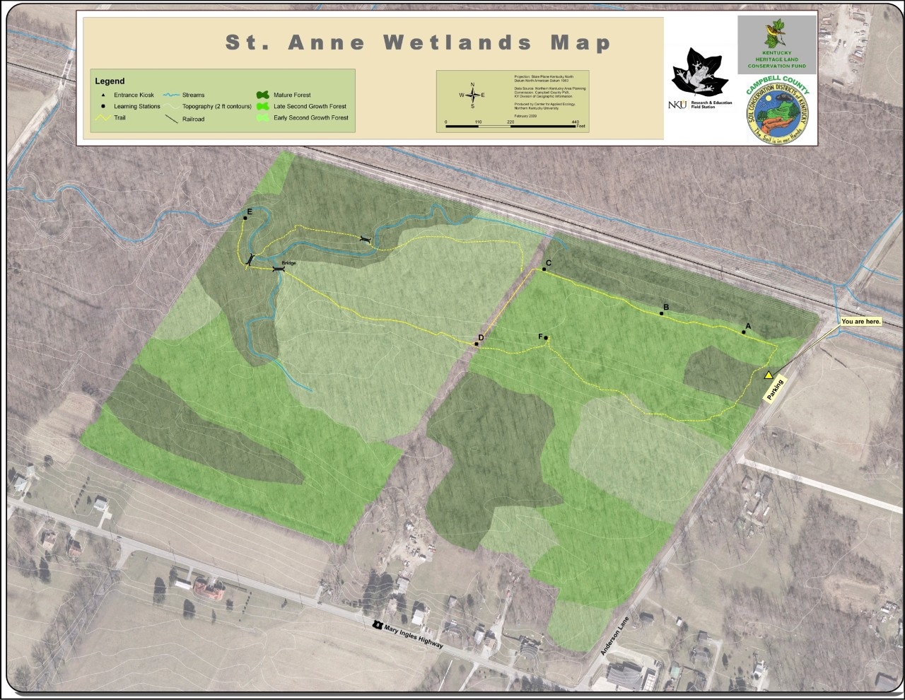 Trail map of the St. Anne Wetlands south trail that is open to the public.