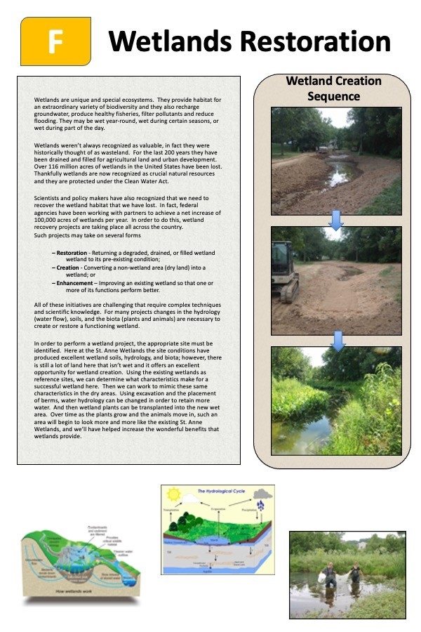 Kiosk F signage on wetland restoration with illustrations on procedures and some images from the field