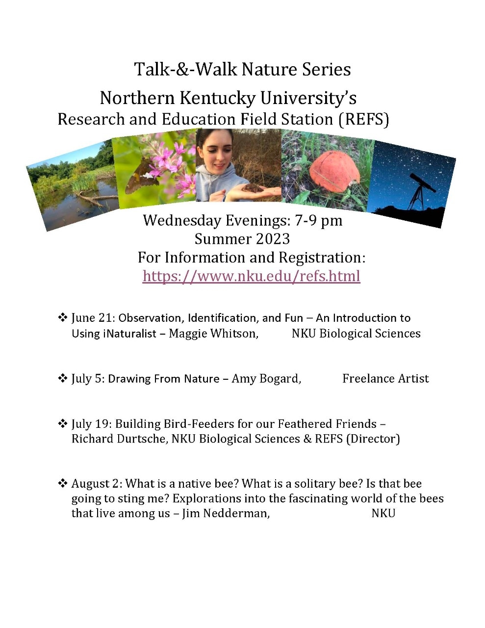 A schedule of the Talk-&-Walk Nature Series for NKU REFS