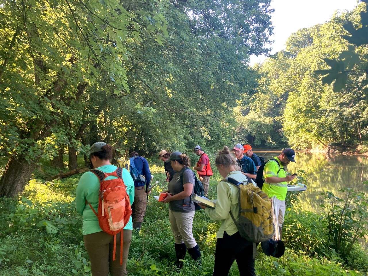 Wetland Micro-credential Students near river NKU micro-credential students do field studies in the REFS wetlands.