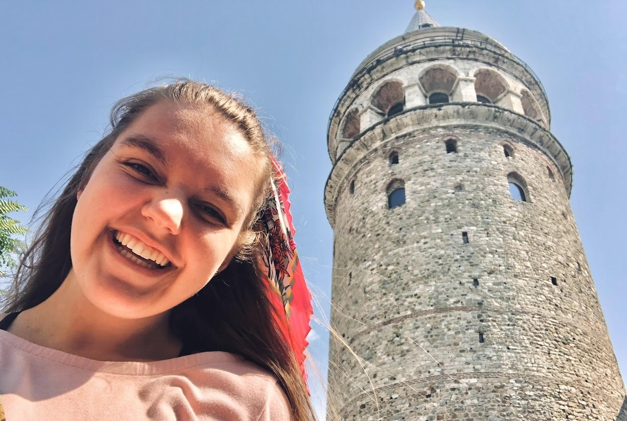 Student in front of Galata Tower, Istanbul