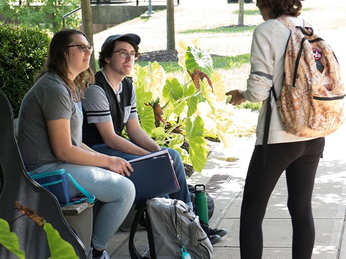 First-year Experience students mingle outside on a sunny day.