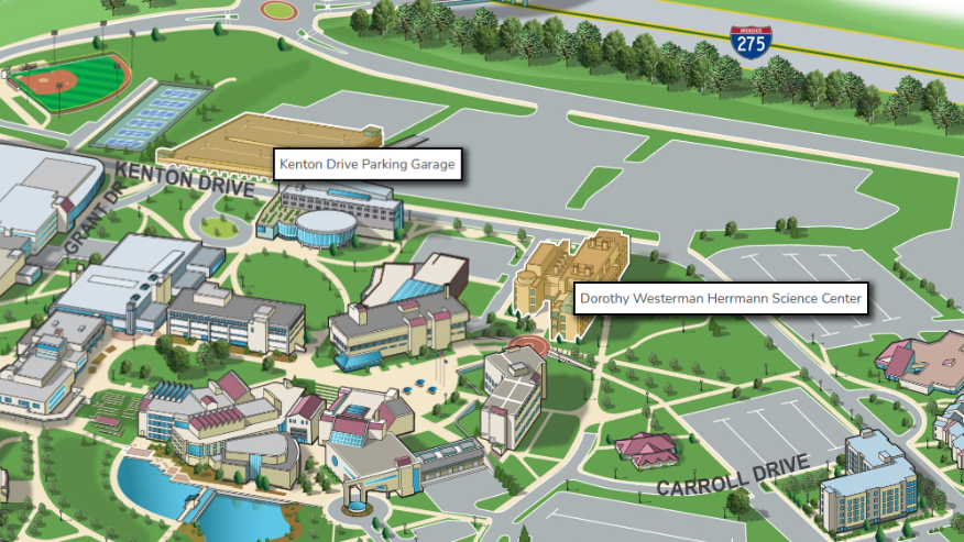 Campus map image highlighting the parking garage and Science Center.