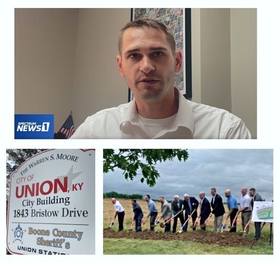 David Plummer headshot, shot of groundbreaking in Union, KY, and Union Ky city sign in a collage