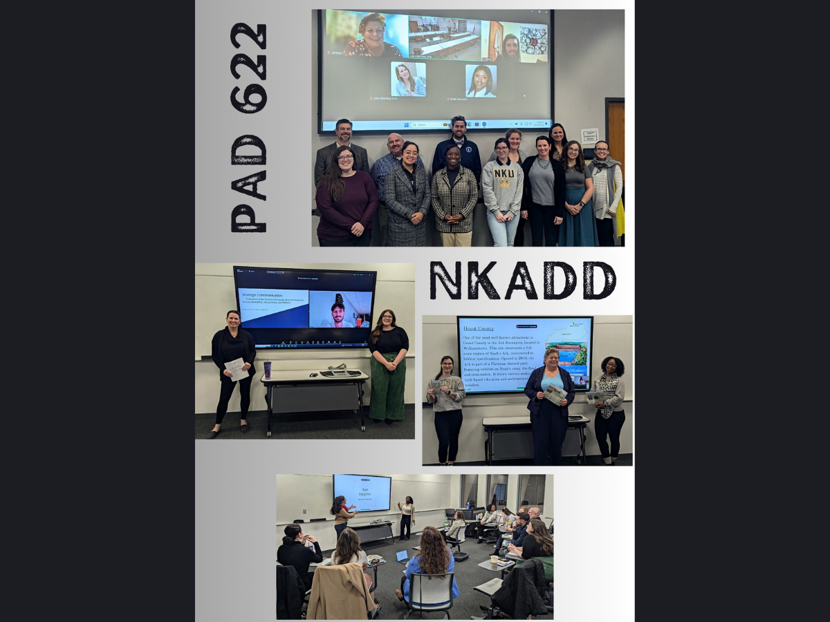 Collage of students presenting in PAD 622 classroom