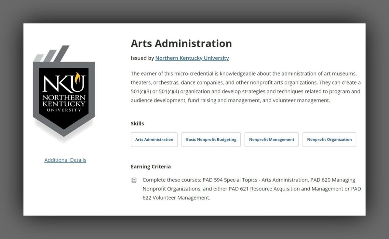 Arts Administration microcredential social media badge