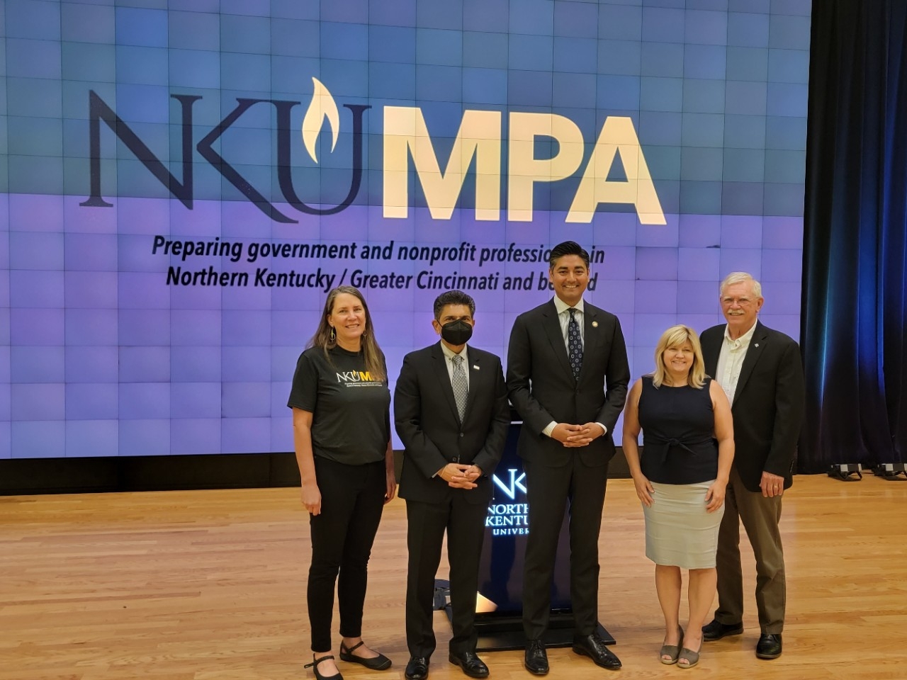 NKU MPA Press Conference Group photo - Julie Olberding, Ashish Vaidya, Aftab Purvel, Lisa Cooper, Joe Meyer