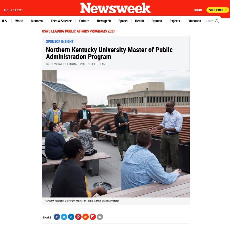 Newsweek 2021 List of Leading Public Affairs, Policy and Administration Programs featuring NKU MPA