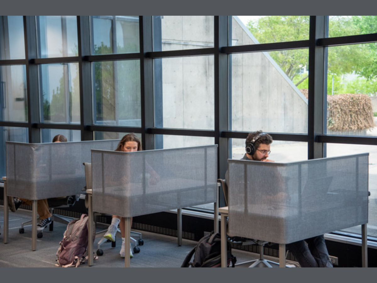 students sitting at individual work stations along a window