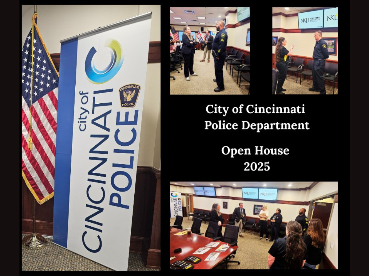 Collage of images of MPA reps meeting with prospective students at Cincinnati Polic Department