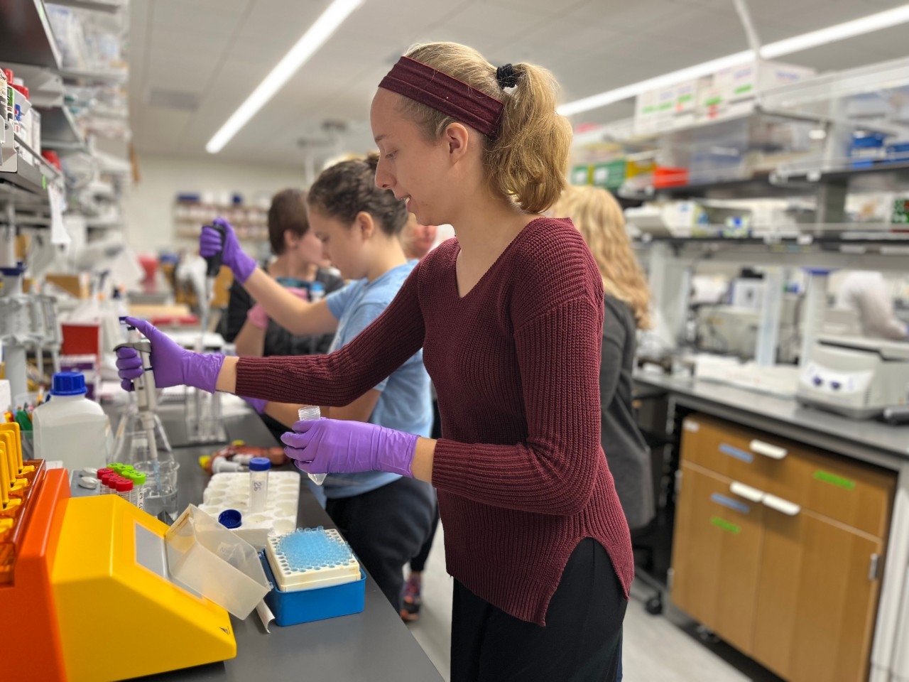 Neursocience students conducting research in the lab.