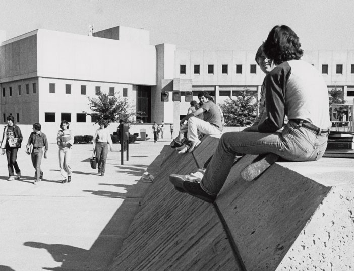 Vintage black and white photo of students on NKU's campus