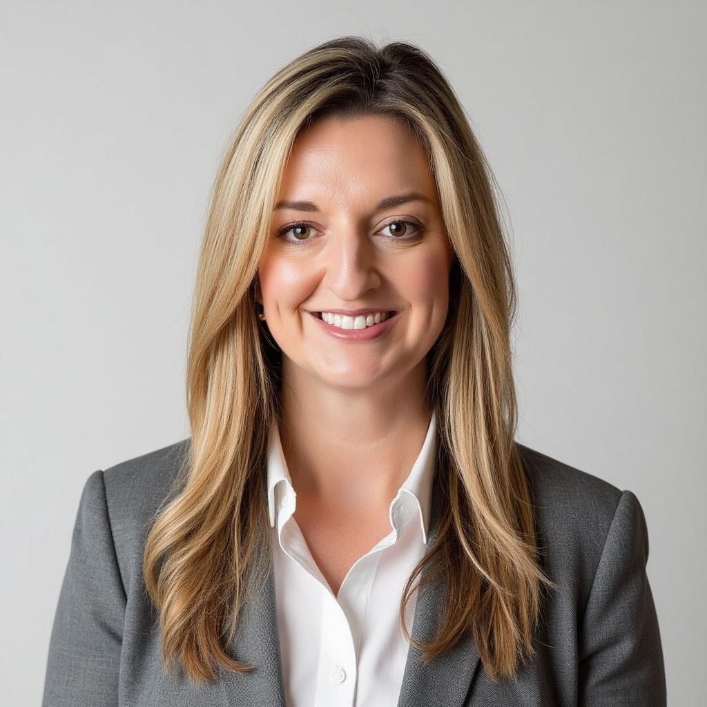  Shelley Volpenhein smiles in a studio portrait against a light neutral background. She has long blonde hair and is wearing a gray blazer over a white blouse.