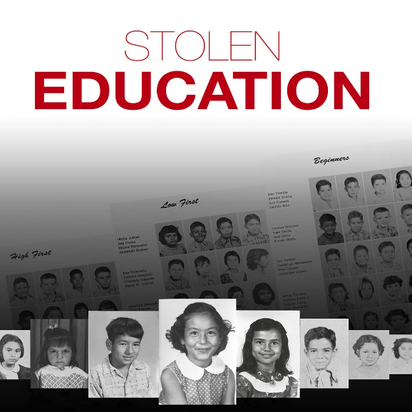 Film flier with text "Stolen Education" and grey-scale images of children