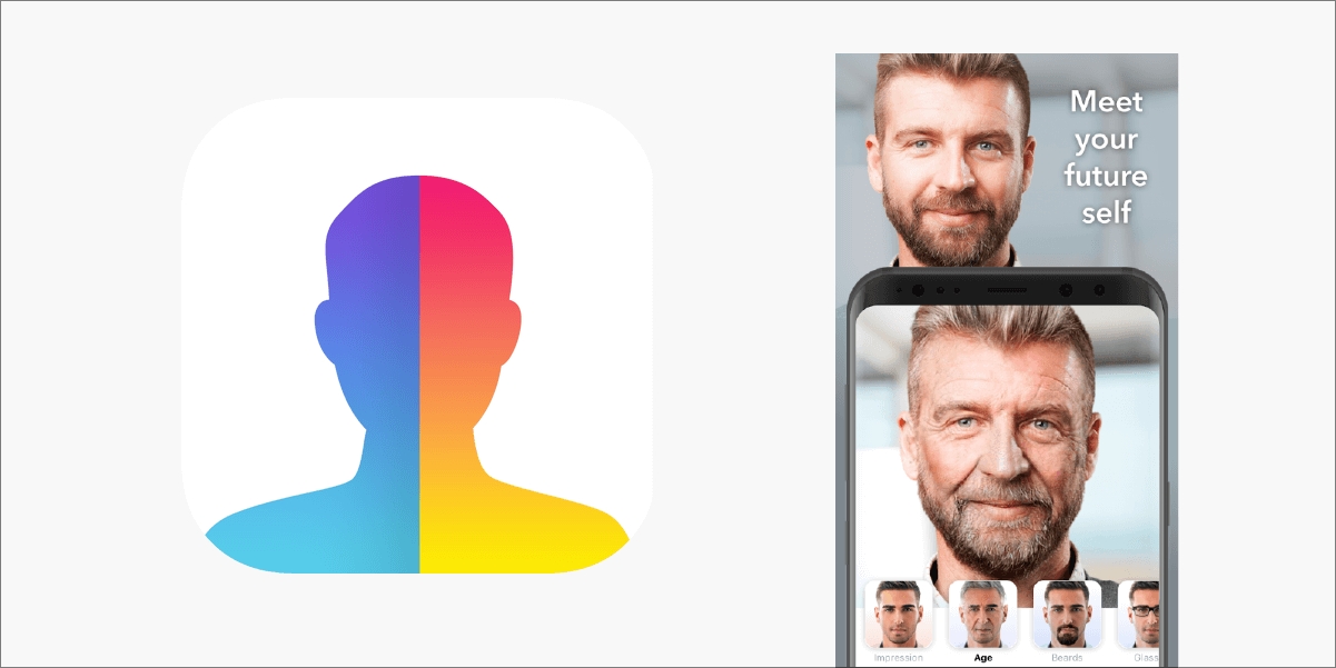 FaceApp logo and example of the old age filter