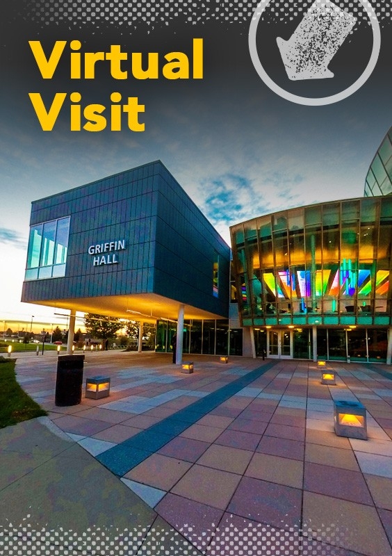 Virtual Visit: Griffin Hall on NKU campus lit up with colorful lights at dusk