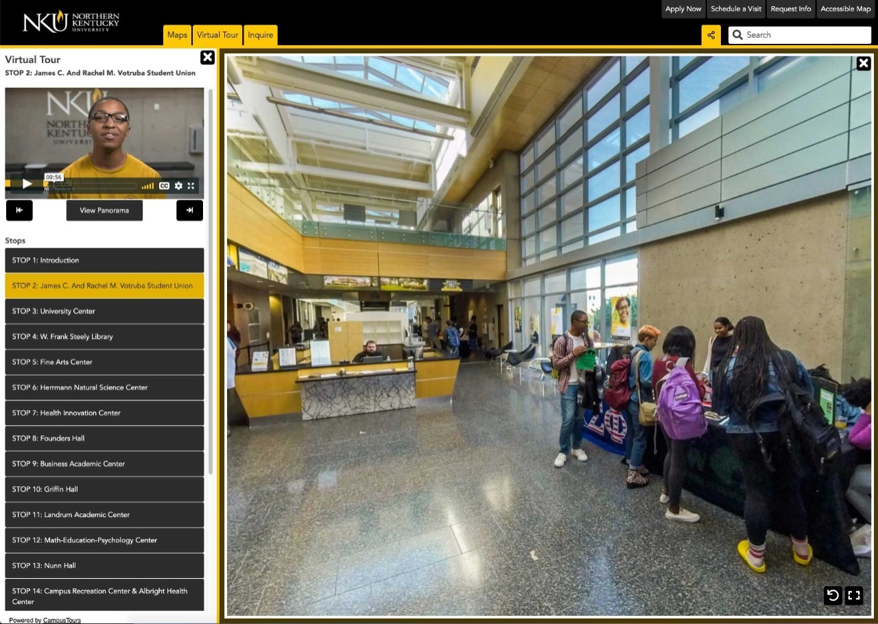 Screenshot of the virtual tour interface showing video in upper left, location stops in left navigation list and a 360 degree video on the right side of the screen. An accessible map is available at this link: https://nku.hostexp.com/MC160588-Accessibility-Map-UpdateJune17.pdf 
