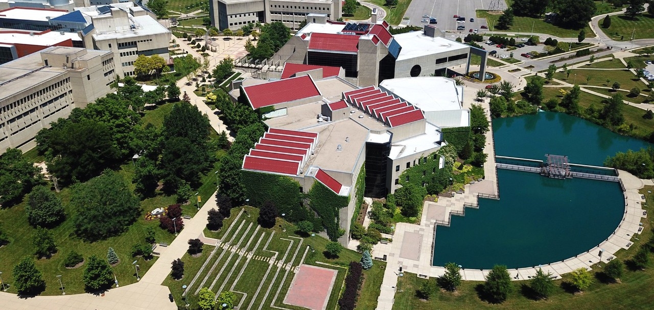 An overhead/drone view of campus