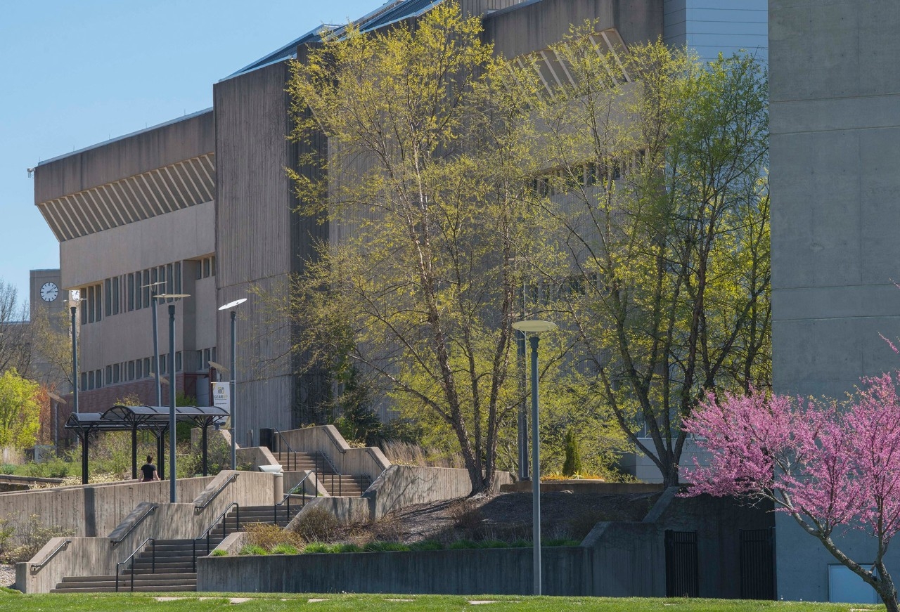 NKU Founder's Hall in Spring with trees blooming