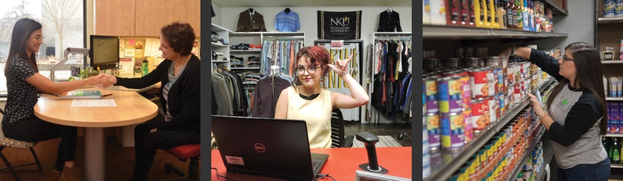 UCAP direector Peg Adams with student, student-worker at Care Closet @ NKU, student at FUEL NKU