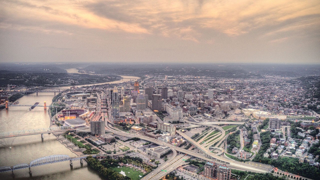 A flyover view of Cincinnati