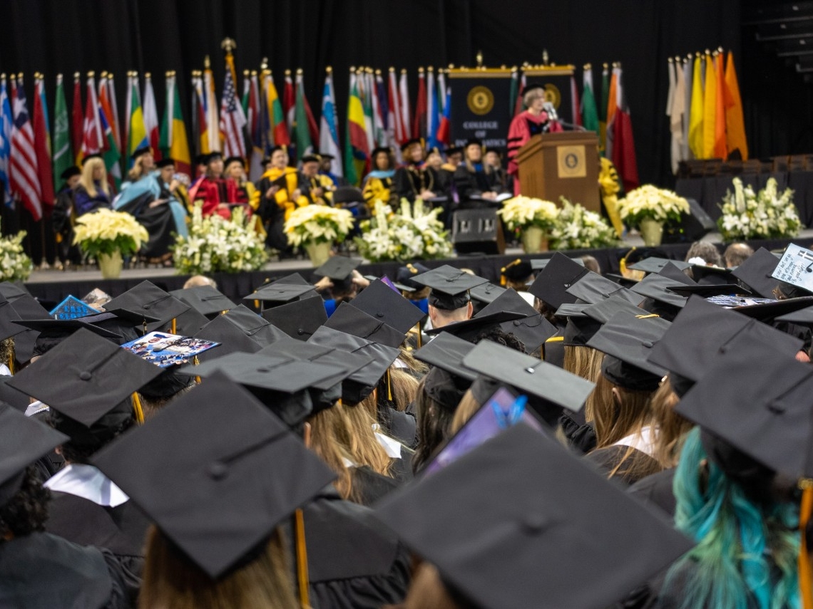 Graduation caps at NKU commencement ceremony.